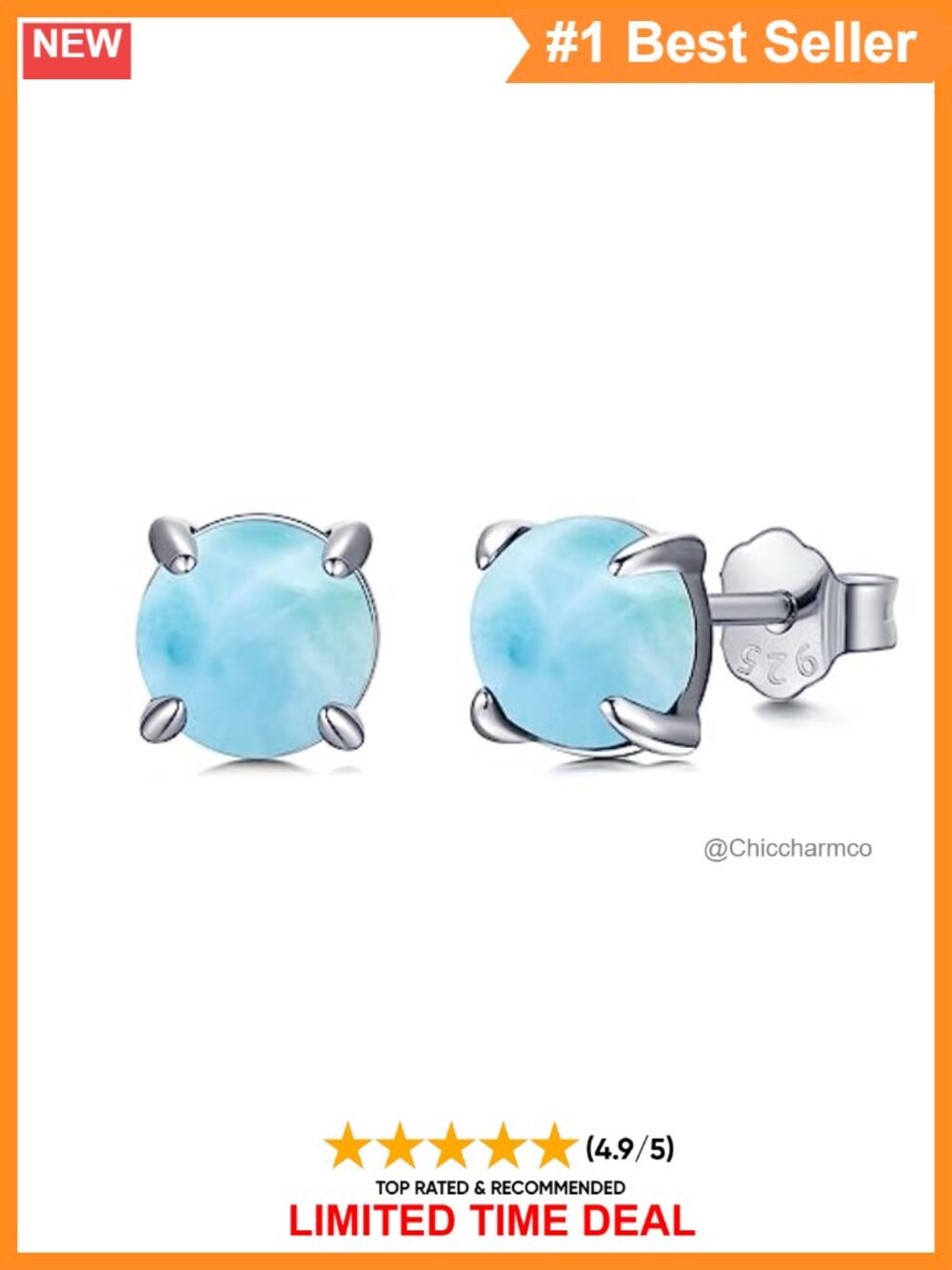 Larimar Stud Earrings 925 Sterling Silver 6mm Round Gemstone